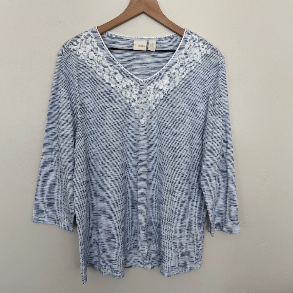 Chico's Blue White Stripe Embroidered V-Neck Top 3/4 Sleeve Coastal XL Size 3